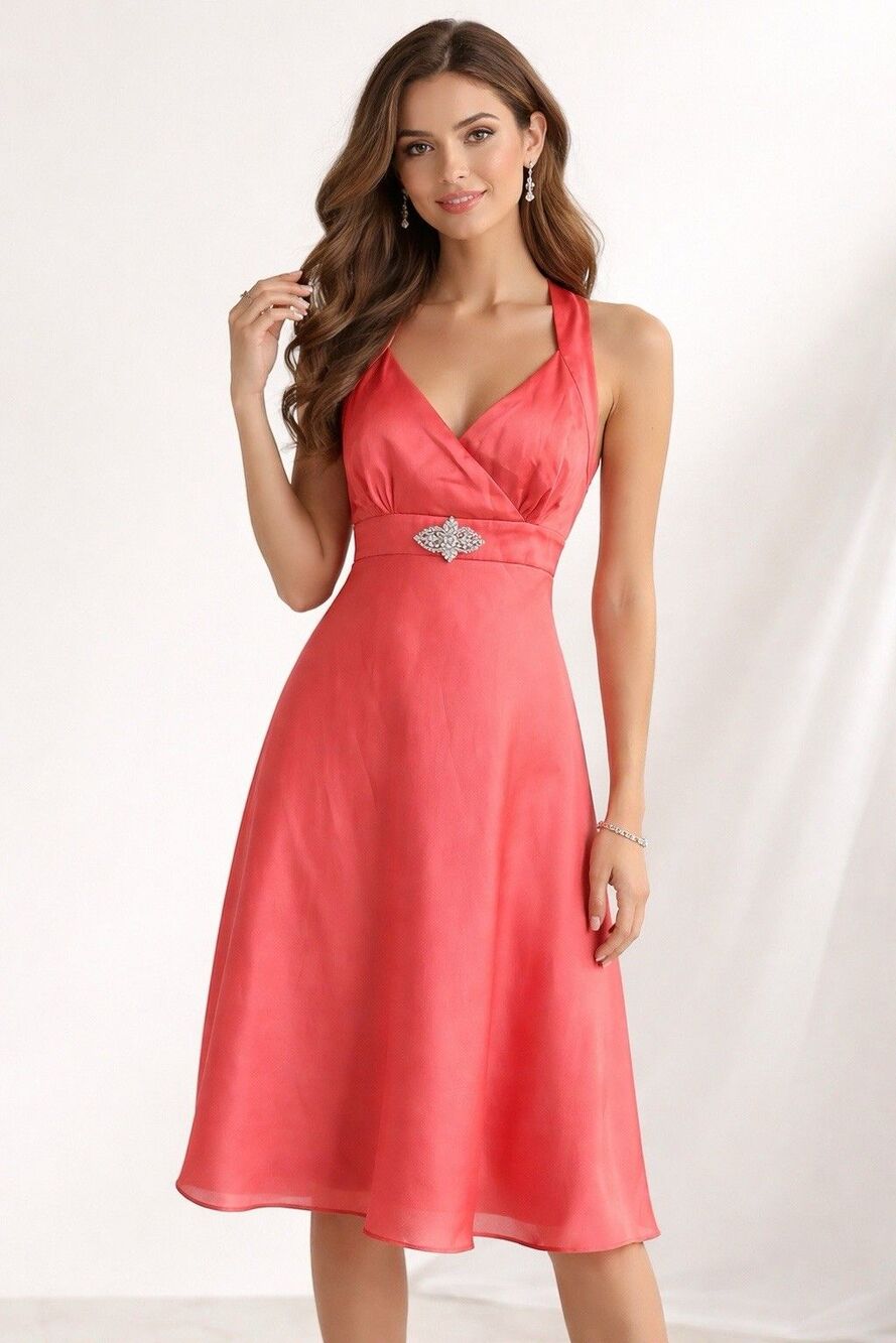 ALFRED SUNG Size 6 Coral Taffeta Halter Rhinestones Midi Bias Cut Evening